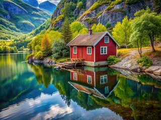 Fototapeta premium Experience tranquility in a cozy lake house in Norway, ideal for a serene vacation retreat. Immerse yourself in natureâ€™s breathtaking beauty and soothing ambiance.