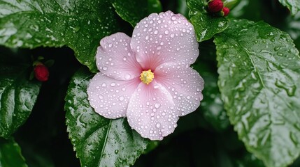Pink Flower with Dew Drops in Lush Green Foliage