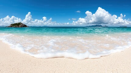 Fototapeta premium Tropical Beach with White Sand Turquoise Water and Blue Sky with Fluffy Clouds