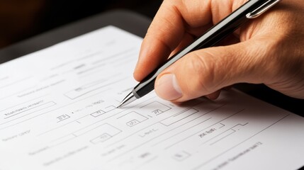 A hand holds a pen over a form, indicating a task or application in progress.