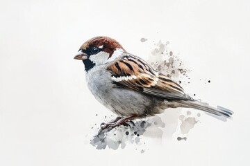 Small brown and white bird is perched on a branch. The bird has a black beak and is looking to the right. The image has a peaceful and serene mood, as the bird is alone