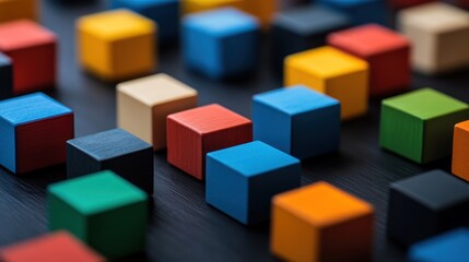 Obraz premium A colorful arrangement of wooden cubes scattered on a dark surface, showcasing various hues.