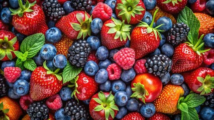 Fototapeta premium Fresh Berries Collection: Vibrant Strawberries, Blueberries, Raspberries, and Blackberries Perfect for Healthy Recipes and Snacks