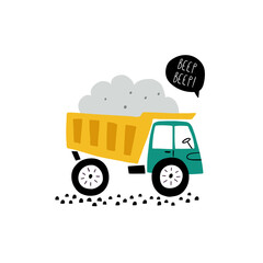 Beep. Cute cartoon baby boy poster with cars Truck in cartoon style. Vector print with cute cars for fabric, textile, postcard, apparel or kids room design.