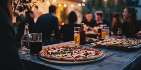 Group of people are gathered around a table with two pizzas and drinks. Scene is relaxed and social, as people are enjoying each other's company and sharing food