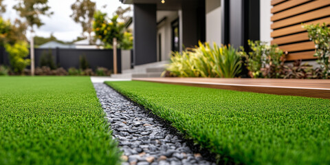 Obraz premium A sharp, contemporary home exterior with artificial grass neatly framed by wooden edges in the front yard, providing a stylish and low-maintenance solution. Plenty of copy space fo