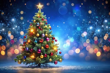 Obraz premium Gorgeous Christmas tree adorned with shimmering lights set against a deep blue backdrop, creating a captivating bokeh effect for your holiday decor inspiration.