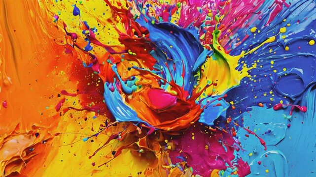 A vibrant explosion of colorful paint splashes creating an abstract art piece.