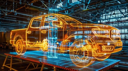 Obraz premium Intricate digital reconfiguration of a car, truck, and bus with dynamic lasers and vibrant lights