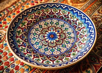 Obraz premium Intricate Uzbek patterns adorn this ceramic plate, a vibrant tapestry of tradition.