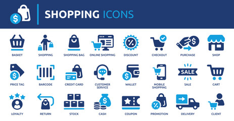 Shopping icon set. Containing basket, shopping cart, discount, online shopping, sale, client, delivery, wallet and shop. Solid vector icons collection.