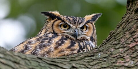 Obraz premium Majestic Eagle Owl Perched on Tree Branch with Intense Gaze