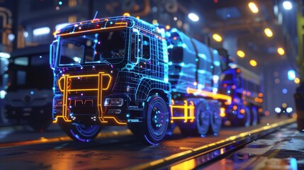 Naklejka premium Realistic digital reconfiguration showcasing a car, truck, and bus with vibrant lights and lasers.