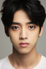 Fototapeta premium Young man with black hair and brown eyes is wearing a white shirt. He has a serious expression on his face