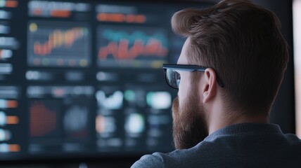 Focused analyst scrutinizes complex data charts on a large screen, lost in deep concentration.