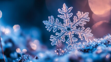 Fototapeta premium This is a breathtaking closeup image of a unique snowflake delicately resting on a chilly, frosty surface, perfectly showcasing the enchanting essence of winters beauty and tranquil atmosphere