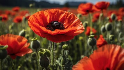 Obraz premium Obsidian heart blooms within a crimson poppy, surreal beauty captured.