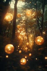 Forest with many glowing orbs. The orbs are yellow and are scattered throughout the forest. The orbs are floating in the air and are illuminated, creating a dreamy and ethereal atmosphere