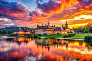 Obraz premium Pillnitz Palace bathed in golden sunset glory.