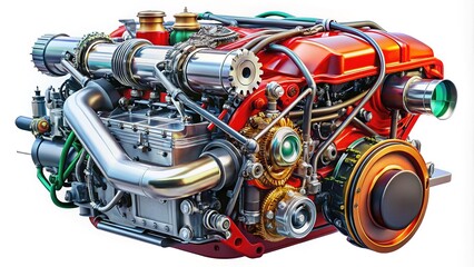 Powerful engine, starkly isolated, a white canvas for industrial might.