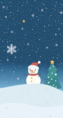 Fototapeta premium A cute snowman, a Christmas tree on the snowy hill background with stars and falling snowflakes, a vector illustration in a flat style. A simple, minimalist cartoon design for a mobile wallpaper.
