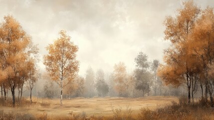 A cloudy autumn landscape with trees in muted shades of soft orange, brown, and gray, creating a peaceful, subdued scene