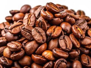 Fototapeta premium Roasted coffee beans, close-up, isolated against white, showcasing their rich texture.