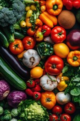 Colorful assortment of vegetables and fruits, including tomatoes, peppers, broccoli, and carrots. Concept of abundance and freshness, showcasing the variety of healthy foods available