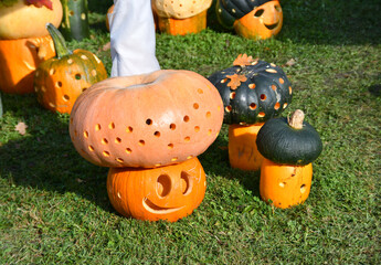 Funny carved pumpkins for Halloween. Autumn holiday outdoor decoration