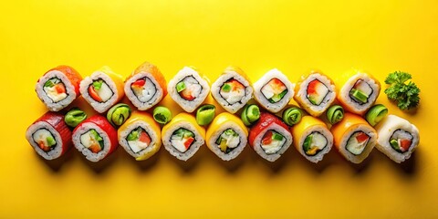 Naklejka premium Savor fresh sushi rolls on a vibrant yellow background, showcasing exquisite Asian cuisine perfect for food enthusiasts. Indulge in this delightful top-view experience.