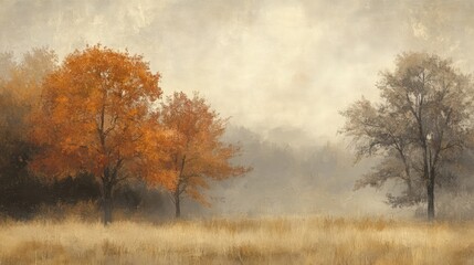 A cloudy autumn landscape with trees in muted shades of soft orange, brown, and gray, creating a peaceful, subdued scene