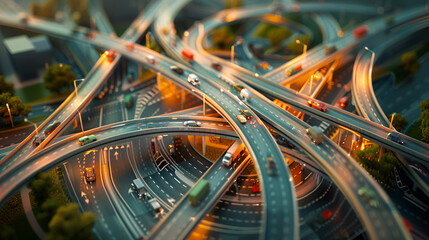 Aerial view of complex and intricate multilevel highway junction interchange on expressway,Top view of cars driving on round intersection in city, Transportation roundabout infrastructure, Highway 
