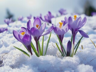 Group of purple flowers are in the snow. The snow is white and covers the ground