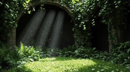 Mysterious Stone Archway in Lush Forest with Sunbeams