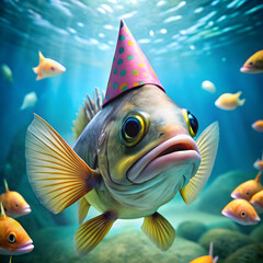A cheerful fish wearing a party hat celebrates at an underwater birthday party.