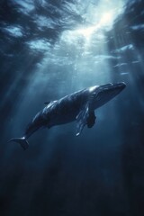 Obraz premium Whale is swimming in the ocean with the sun shining on it. The scene is peaceful and serene