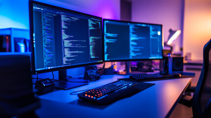 Two computer monitors displaying coding activities in a dimly lit workspace with blue lighting at night