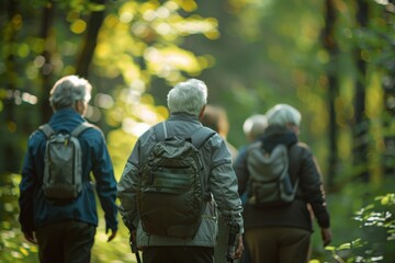 Fototapeta premium A group of seniors trek through a lush green forest, enjoying the morning sunlight, exemplifying a spirit of adventure, nature appreciation, and health.