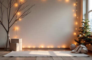 A festive yoga studio with Christmas lights, yoga mats, Christmas tree, copyspace 