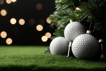 A close-up shot of a Christmas tree adorned with large golf ball ornaments and golf tees, set against a festive background of twinkling lights and a lush green surface, perfect for sports enthusiasts