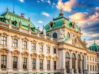 Obraz premium The remarkable corner section of Belvedere Palace in Vienna showcases a domed roof adorned with greenish patina copper, exemplifying exquisite historical architecture.