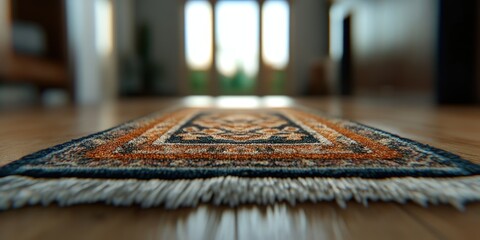 Islamic Prayer Rug on Wooden Floor with Blurred Background