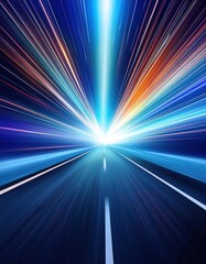 A long, bright road stretches out into the distance, filled with streaks of light.