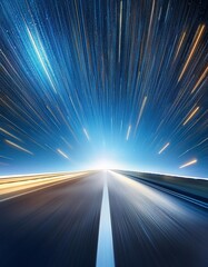 A long, bright road stretches out into the distance, filled with streaks of light.