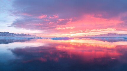 A vibrant sunrise casts a pink and orange glow across the icy landscape of a frozen Arctic ocean, reflecting in the calm waters below.