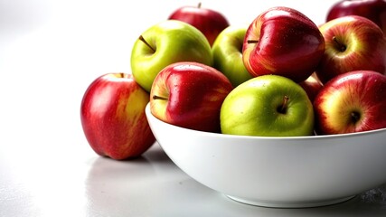 Vibrant red, green, and yellow apples against a crisp white backdrop, a playful still life.