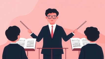 A music teacher conducts students during a music class, holding batons and guiding them through a performance.