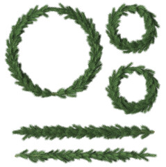 Christmas tree branches. Christmas wreath or round frame from realistic green fir branches. Christmas decoration element. 3d illustration transparent background