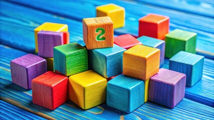 Obraz premium Vibrant wooden cubes with numbers arranged on a blue table, ideal for fostering educational and imaginative play experiences for children of all ages.