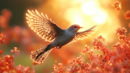 Fototapeta premium A small bird with spread wings in flight, illuminated by the setting sun. The bird is flying over a field of pink flowers.